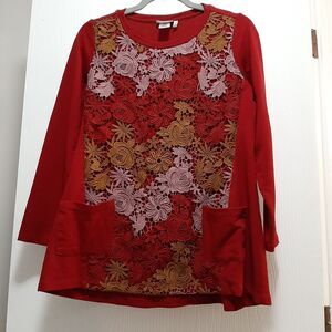 Lounge Boho Lace Front Tunic Long Length  Long Sleeve Red XS